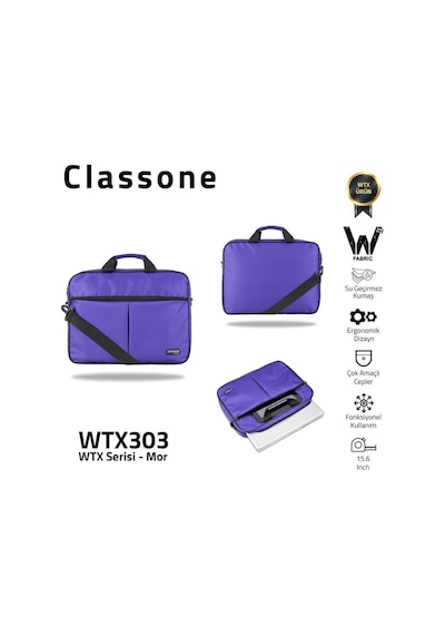 Classone Wtx303 Wtxpro Serisi 15.6 İnch Su Geçirmez Kumaş Apple Uyumlu MacBook , Laptop , Notebook El Çantası- Mor