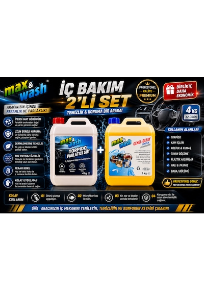 Max&wash 2'li İç Bakım Seti 4+4 Kg Torpido Parlatıcı Süt + Genel Detay Temizleyici Profesyonel Araç İçi Temizlik Ve Koruma Seti 0