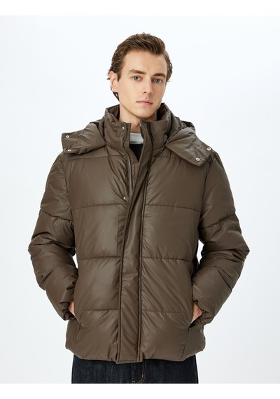 Koton Slim Fit Kapşonlu Suni Deri Şişme Mont Kahverengi 5wam20034hw Kahve Kahverengi
