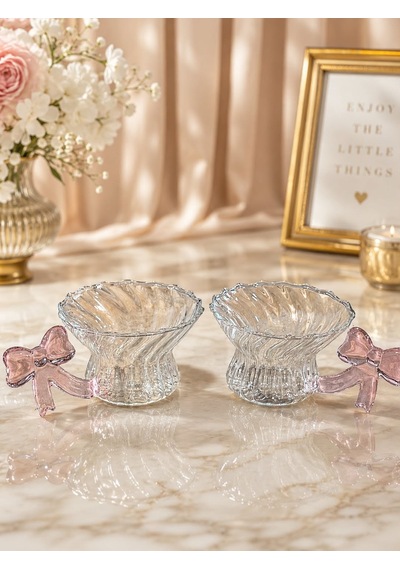 Morponi Pembe Fiyonk Kulplu Cam Çay Fincanı - 2'li Set Şeffaf