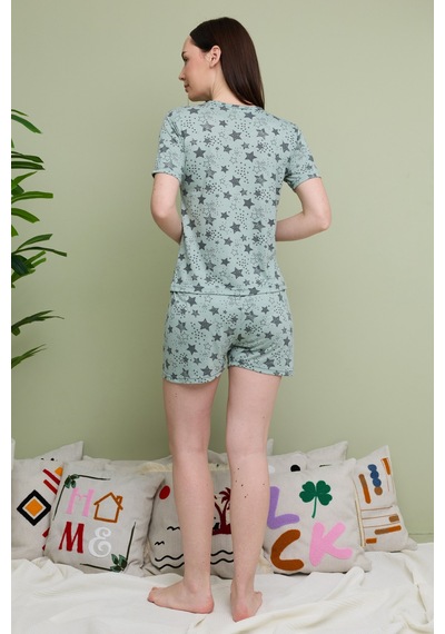 Fullamoda Yıldız Desenli Bisiklet Yaka Şortlu Pijama Takımı Haki