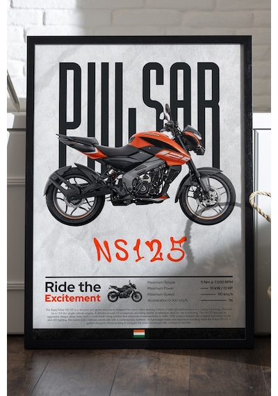 Bajaj Pulsar Ns 125 Siyah Ahşap Çerçeveli Poster, Dekoratif Motosiklet Duvar Tablosu