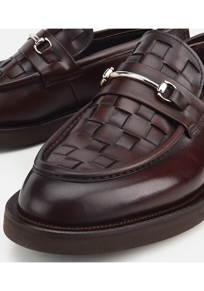 Hotiç Erkek Deri Kahverengi Örme Metal Detaylı Klasik Loafer