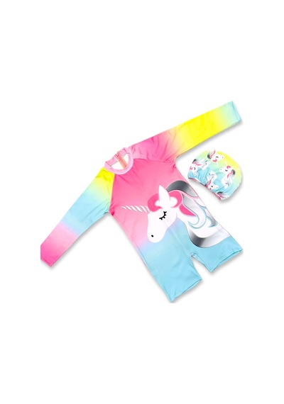 Lolliboomkids Sevimli Karakterler Güneş Koruyucu Uzun Kol Hipster Model Fermuarlı Mayo Bone Hediyeli Unicorn Çok Renkli