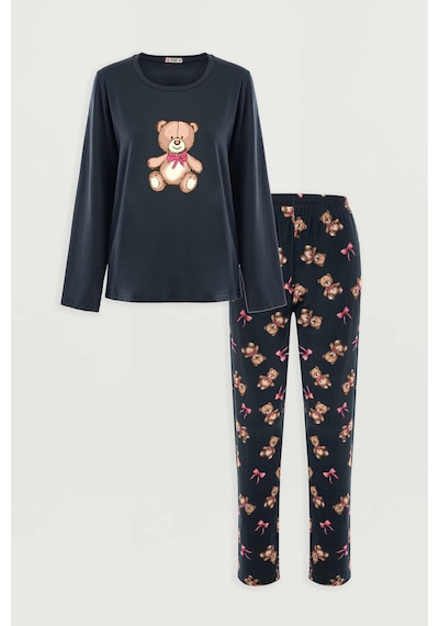 Kadın Pamuklu Ayıcıklı Pijama Takımı Kk70642 Kahverengi - Füme