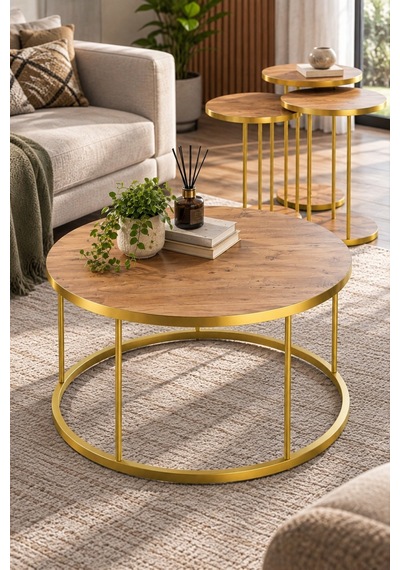 Sulorahome 4'lü Yuvarlak Sehpa Seti Ceviz Ve Gold Metal Ayaklı