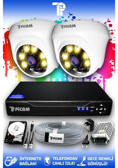 Picam 2 Kameralı Dome 2 İç Kamera Set 2 TB HDD Full HD Renkli Gece Görüşlü Güvenlik Kamerası Sistemi