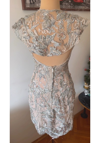 Chica Rosa Fashion Pelerinli Kristal İşlemeli Askılı Mini Elbise Gri - Mavi