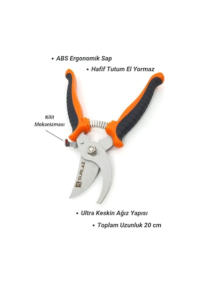 Ayrex Sürlaz Profesyonel Budama Makası, Ergonomik Kaymaz Saplı, Yeşil, Bahçe Bitki Ve Dal Kesimi İçin