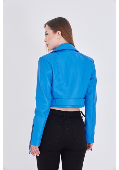 M M Marki Marki Kadın Mavi Hakiki Deri Crop Ceket Biker Stil, Kruvaze Yaka, Kemerli, 52 Cm - 117622