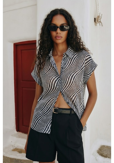 Sateen Kısa Kollu Zebra Desenli Gömlek - Siyah-137641
