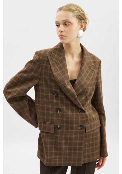 Manuka Kruvaze Ekose Blazer Ceket Kahverengi Aw25ckt00017-122 Kahverengi