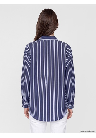 Lcw Modest Lacivert Çizgili Oversize Kadın Gömlek Tunik