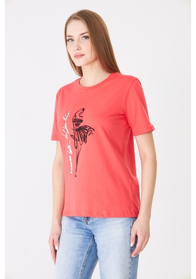 Sortie Collection Eteği Tül Detaylı Silüet Baskılı Basic Tshirt Mercan