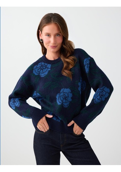 Jimmy Key Lacivert Floral Desenli Yuvarlak Yaka Triko Kazak 6ww138264494