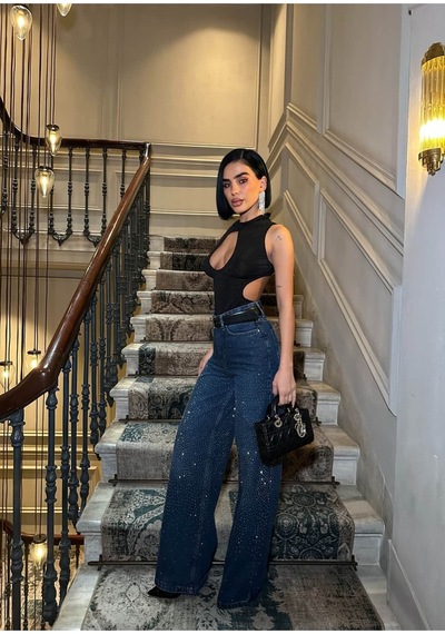 Glammoss L'atelier Yüksek Bel Taş Detaylı Wide Leg Jean Pantolon Bluestone Bluestone