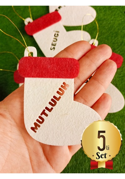 Yılbaşı Keçe Çizme Süs Seti Krem Rengi 5 Adet Dilek Temalı Noel Ağaç Süsü