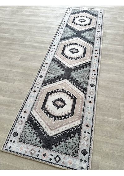 Geometrik Madalyon Desenli Siyah Ve Gri Etnik Halı - Ar856bg Siyah - Gri