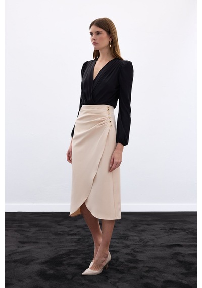 Sateen Düğme Detaylı Kalem Etek - Bej-136777 Bej