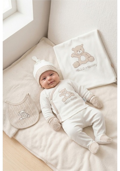Zeynuko Erkek Bebek Hello Mommy Nakışlı Ayıcıklı 0-3 Ay 10'lu Yenidoğan Hastane Çıkışı Zıbın Seti Kutulu Kahverengi
