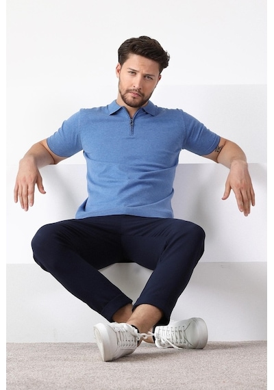 Ferraro A.Havacı Polo Yaka Fermuarlı Erkek Pamuk Triko T-Shirt-Mavi
