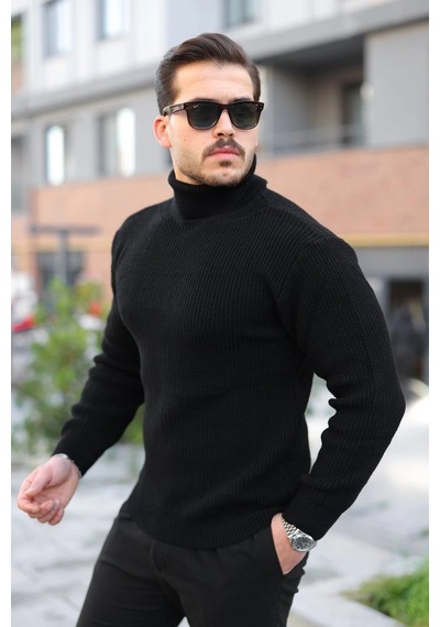 Defymoda Erkek Boğazlı Örme Kazak Siyah