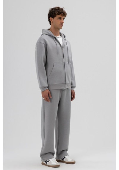 Vamos Basic Fermuarlı Oversize Kapüşonlu Sweatshirt Gri
