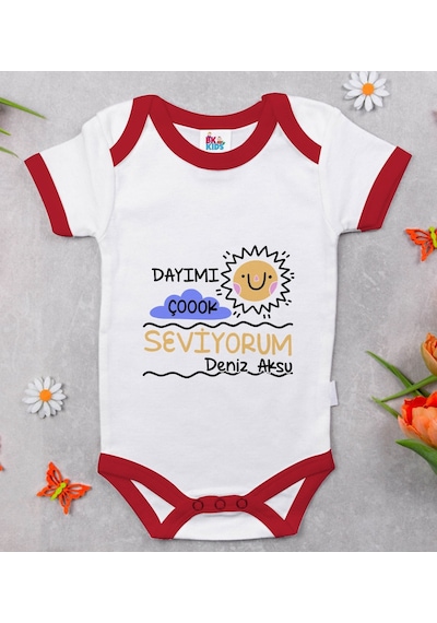 Bk Gift Bk Kids Kişiye Özel Dayımı Çok Seviyorum Tasarımlı Kırmızı Bebek Body Zıbın-1 Çok Renkli