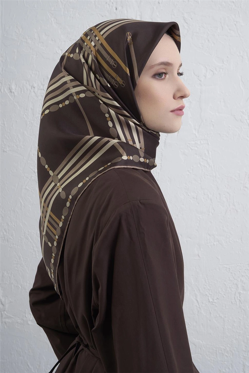 Armine Obje Desenli Saf İpek Twill Eşarp 9407d 31 KAhverengi