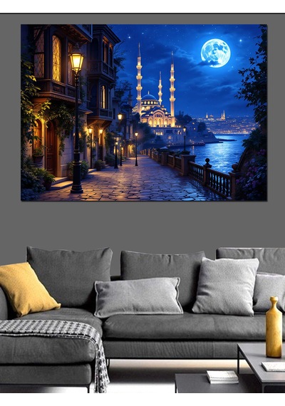 Gece İstanbul Camii Manzarası Dekoratif Kanvas - Mdf Ahşap Tablo