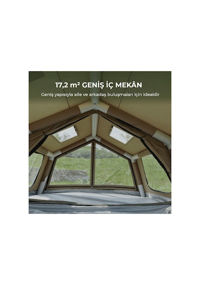 17 Kişilik 17.2 M² 4 Mevsim, Su Geçirmez 420d Oxford Kumaşlı Şişme Çadır 360 480 220cm Haki