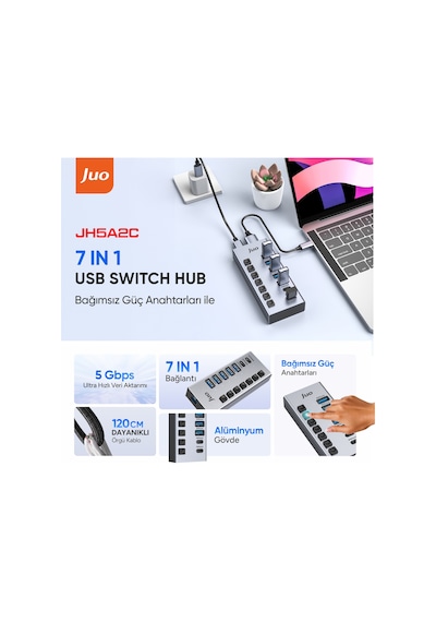 Juo Usb-a 7 Portlu Anahtarlı 5 Usb-a 2 Type-c 5gbps Usb 3.1 Çoklayıcı Dönüştürücü Hub
