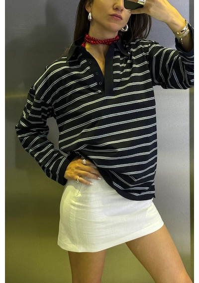 Suud Collection Lacivert Çizgili Polo Yaka Tişört