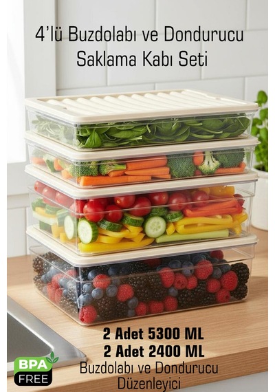 4'lü Derin Sığ Buzdolabı Dondurucu Düzenleyici Saklama Kabı Mikrodalga Difriz Organizer Krem Diğer