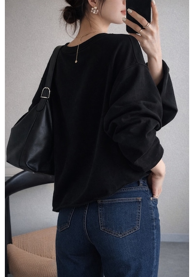 Oversize Kesim Bisiklet Yaka Uzun Kollu Sweatshirt Siyah