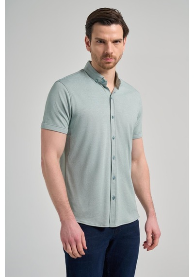 İmza Koyu Yeşil Uzun Kol Düz Örme Düğmeli Yaka Cepsiz Pamuklu Classic Slim Fit Gömlek 1004250152 704 Koyu Yeşil