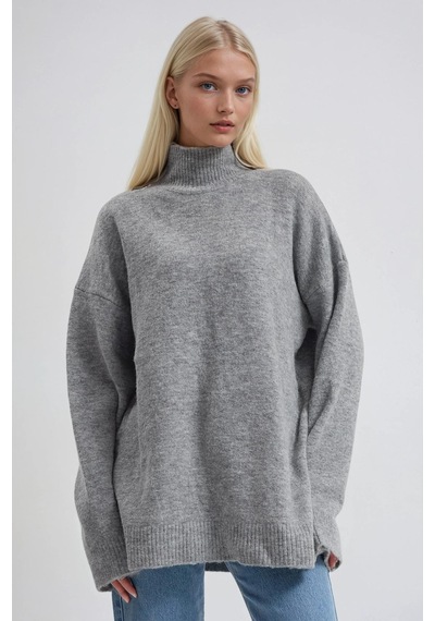 Dik Yaka Triko Oversize Kazak 1413 Gri