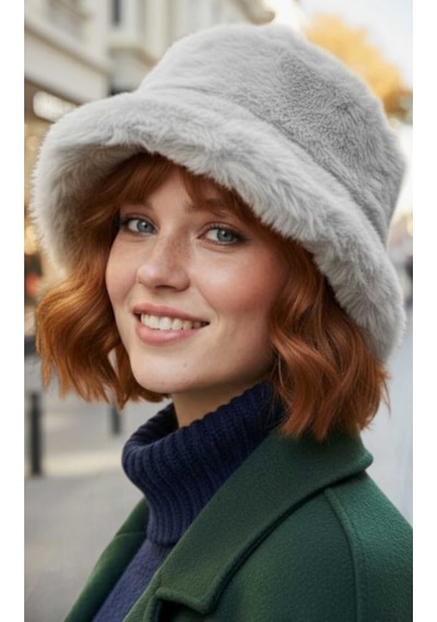 Uniquetrenders Kadın Peluş Bucket Şapka Gri