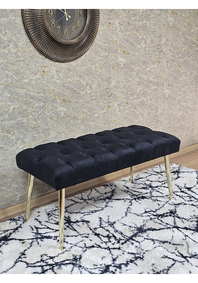 Zafir Gold Kaplama Sivriltme Ayaklı 90 Cm Puf Bench - Puf - Bench - Kasalı Oturak - Oturak - Yatak Ucu Puf Siyah
