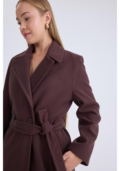 Vitrin Önden Düğmeli Beli Kuşaklı Uzun Kaşe Kaban Kahve