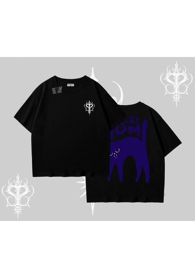 Startmore Startmore Cat Mom Yazılı Minimal Kedi Arka Baskılı Oversize Tshirt Siyah