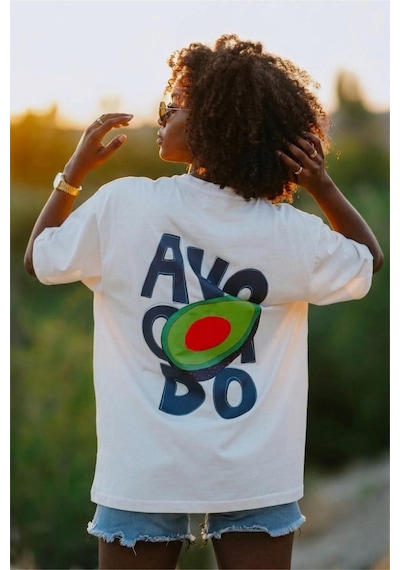 Avacado Sırt Baskılı Oversize Unisex Pamuklu Tişört Beyaz