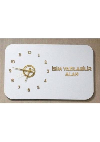 Odak Serisi: Modern Ve Kişiselleştirilebilir Ahşap Duvar Saati 80x50 Cm Beyaz Üzeri Gold Renk Altın - Beyaz