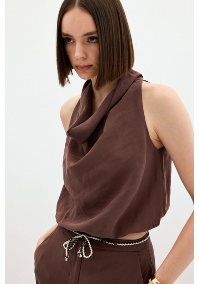 Sateen Degaje Yaka Bluz - Kahve Kahve
