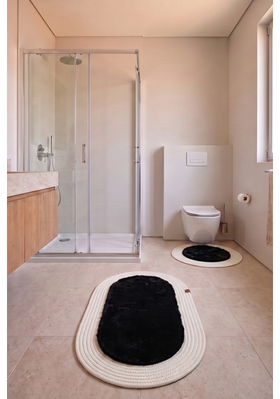 Banyo Paspası Takımı 60x100+60x60 Cm Düz Siyah & Krem Siyah - Krem