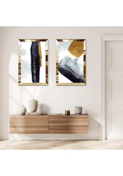 Gold Aynalı Pleksi Çerçeveli Siyah Ve Gold Modern Soyut Şekiller İkili Mdf Tablo Seti