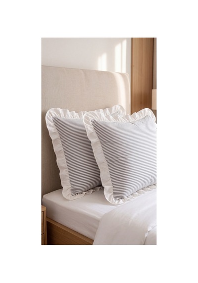 2'li Pamuklu Kumaş Beyaz Fırfırlı Çizgili Yastık Kılıfı 50x70 Cm Gri - 905289691 Gri