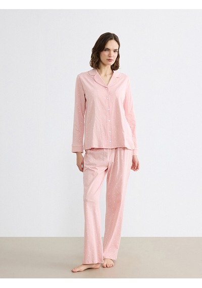 Lcw Dream Pembe Gömlek Yaka Kalp Baskılı Kadın Pijama Takımı