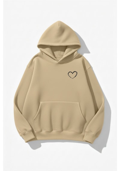 Uyguntarz Unisex Yumuşak Dokulu Cep Kalp Baskılı Tasarım Oversize 3 İplik Hoodie Sweatshirt Bej