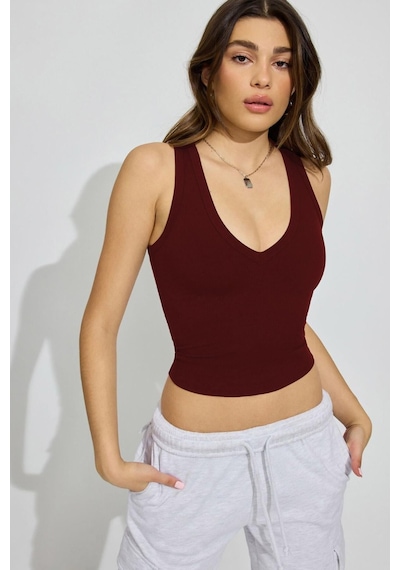 Madmext Koyu Bordo Derin V Yaka %100 Pamuklu Basic Kadın Atlet Mg2405